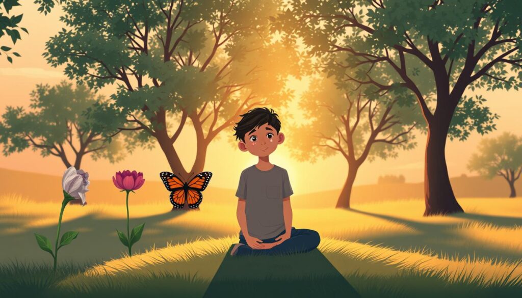 A reflective figure resting in a warm, golden landscape surrounded by gentle symbols of emotion.