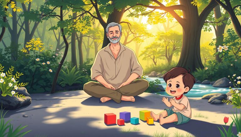 A gentle adult figure seated calmly in a forest, representing reparenting work.